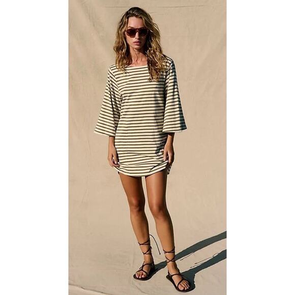 Free People Charlie Mini Dress Striped Seaweed Khaki Oversized Size Small NWT - Picture 1 of 15